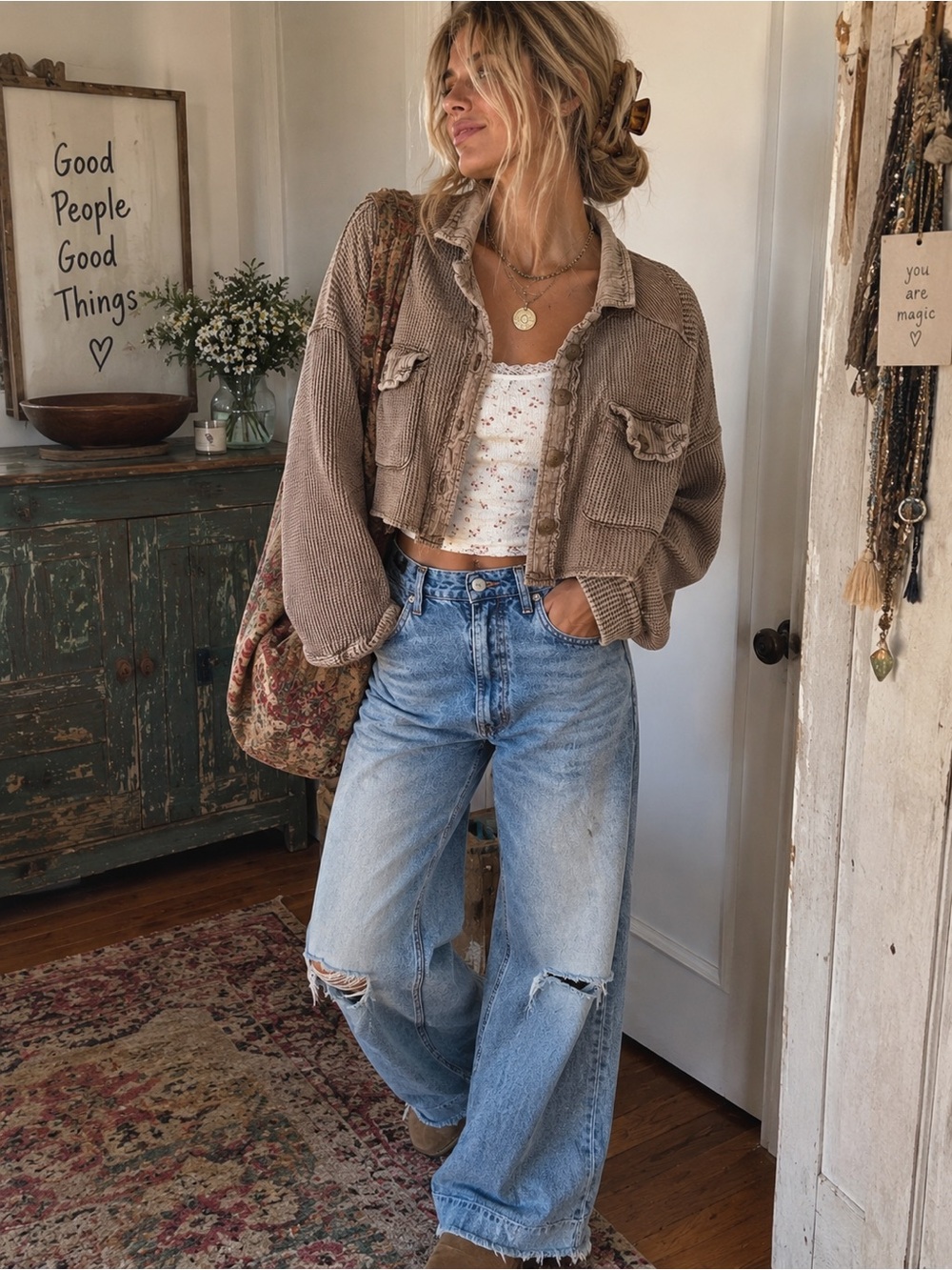 Free People FP One Scout Cropped Waffle Knit Jacket Oversized Small